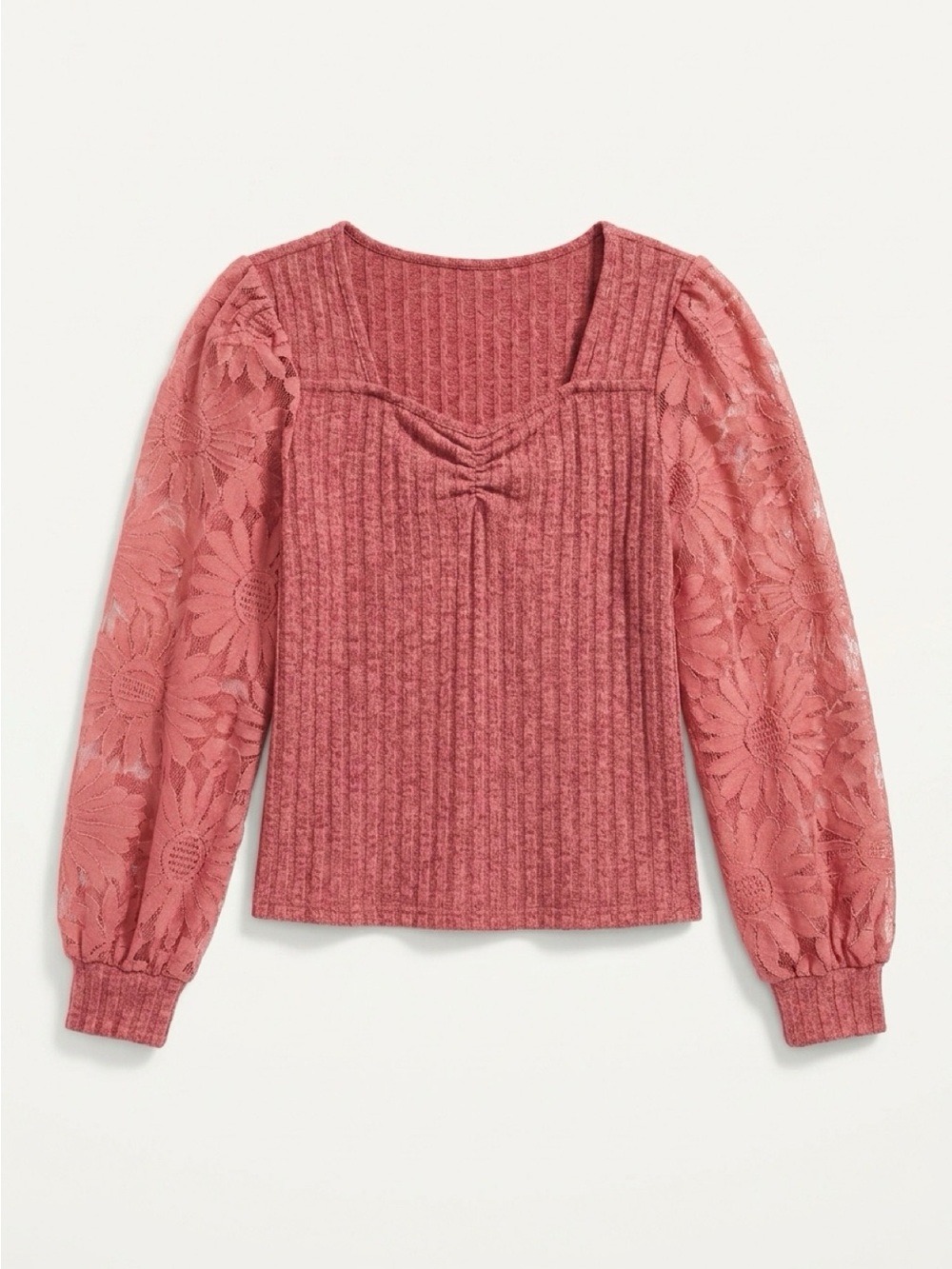 SHEIN Rose Pink Rib Knit Top with Lace Puff Sleeves